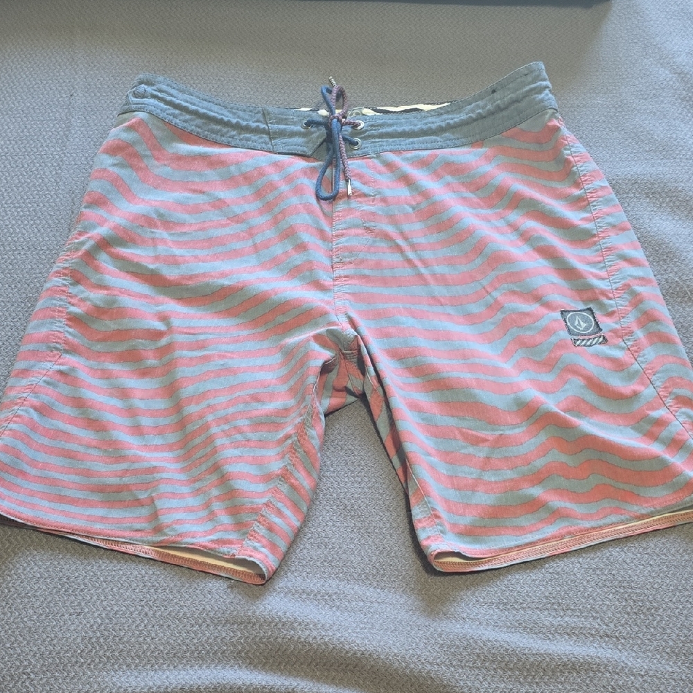 Volcom Men's Swim Shorts - Coral and Teal Stripes
